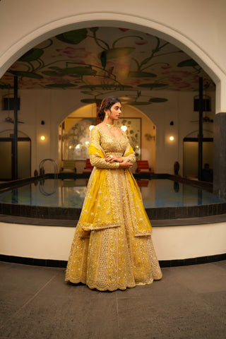 LEMON YELLOW MIRROR WORK LEHENGA