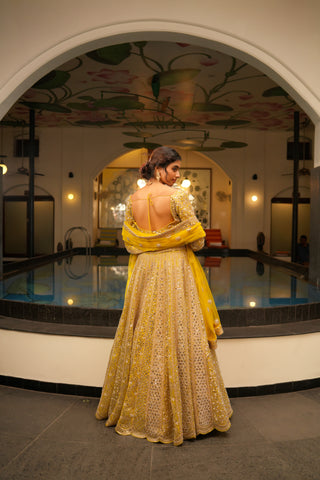 LEMON YELLOW MIRROR WORK LEHENGA