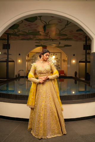 LEMON YELLOW MIRROR WORK LEHENGA