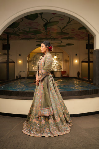 BLUE OMBRE EMBROIDERED CREPE SILK LEHENGA