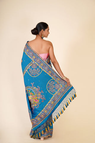 TURQUOISE BLUE ORGANZA AND DOLA SILK SAREE alternate