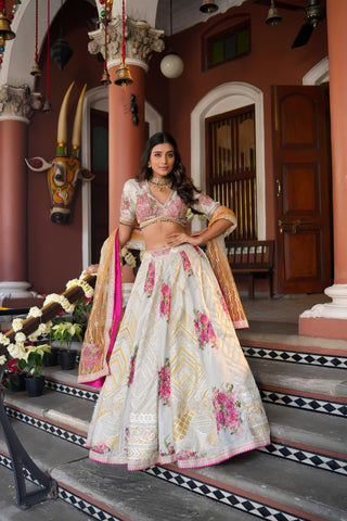 IVORY GOTA PATTI SILK TISSUE LEHENGA