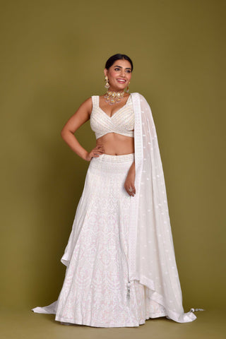 PEARL WHITE LEHENGA IN CHIKANKARI WORK