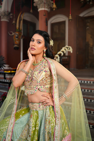 PISTA GREEN BANARASI SILK LEHENGA