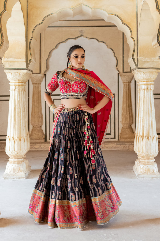 BLACK & PINK GAJI SATIN LEHENGA