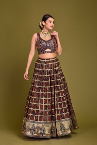 NAVY BLUE GAJI SILK LEHENGA IN AJRAKH PRINT