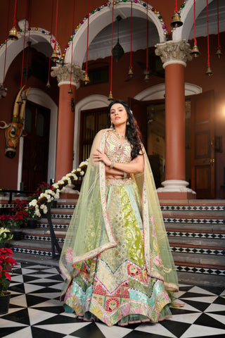 PISTA GREEN BANARASI SILK LEHENGA