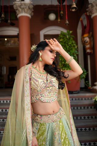 PISTA GREEN BANARASI SILK LEHENGA