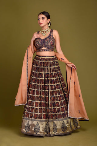 NAVY BLUE GAJI SILK LEHENGA IN AJRAKH PRINT