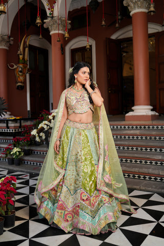 PISTA GREEN BANARASI SILK LEHENGA