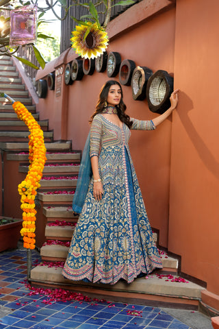 BLUE EMBROIDERED CREPE SILK GOWN