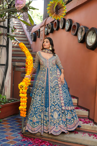 BLUE EMBROIDERED CREPE SILK GOWN