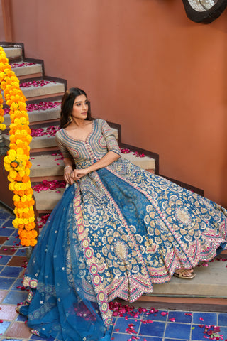 BLUE EMBROIDERED CREPE SILK GOWN