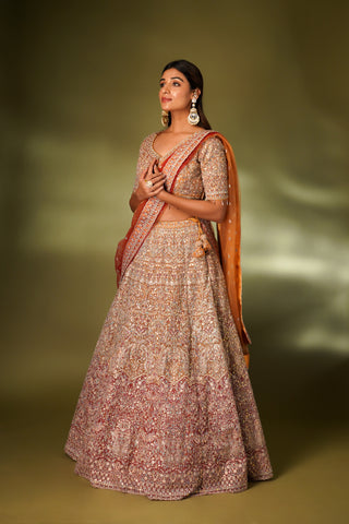 APRICOT ORANGE NET LEHENGA