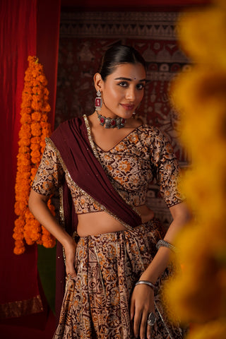 MAROON BLOCK PRINT NAVRATRI LEHENGA