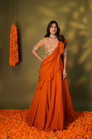 TANGERINE ORGANZA RUFFLES LEHENGA SET