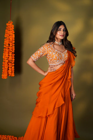 TANGERINE ORGANZA RUFFLES LEHENGA SET