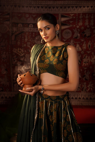 DARK GREEN BLOCK PRINT NAVRATRI LEHENGA