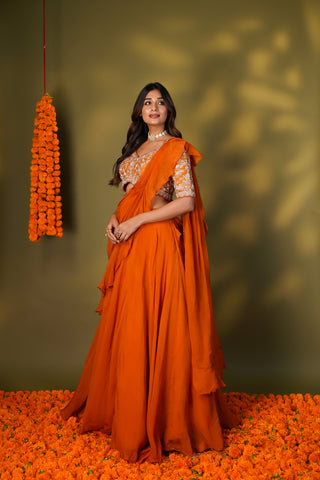 TANGERINE ORGANZA RUFFLES LEHENGA SET