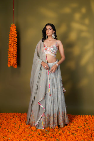 ASH BLUE TISSUE LEHENGA