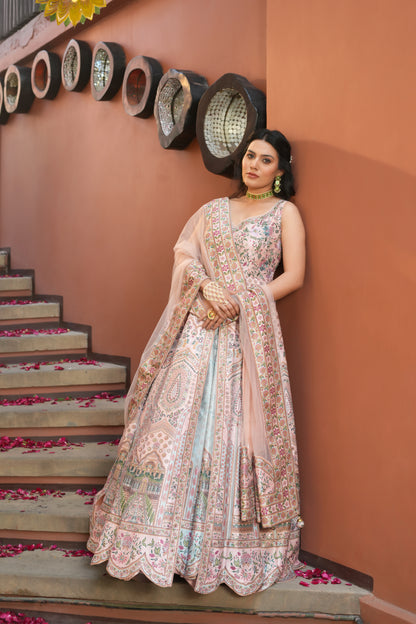 PINK PRINTED EMBROIDERED GOWN