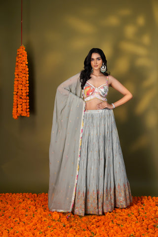 ASH BLUE TISSUE LEHENGA