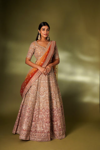 APRICOT ORANGE NET LEHENGA