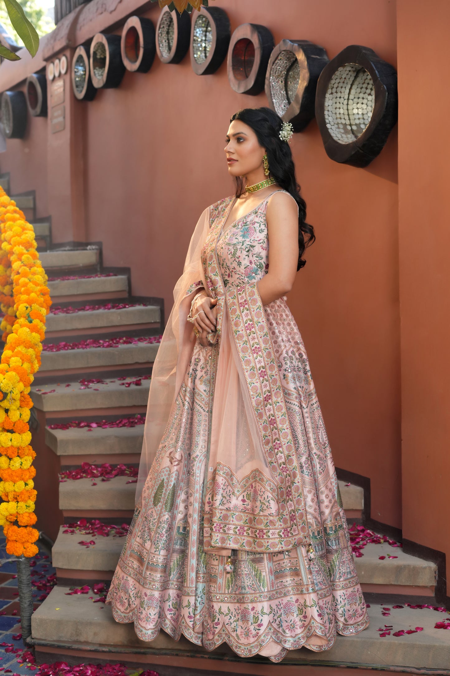 PINK PRINTED EMBROIDERED GOWN