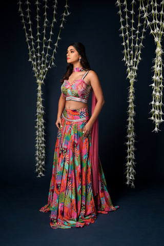 MULTI COLORED FLORAL PRINTED CREPE LEHENGA