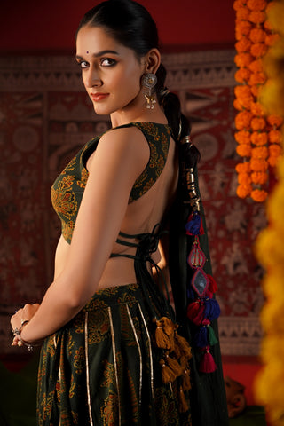 DARK GREEN BLOCK PRINT NAVRATRI LEHENGA