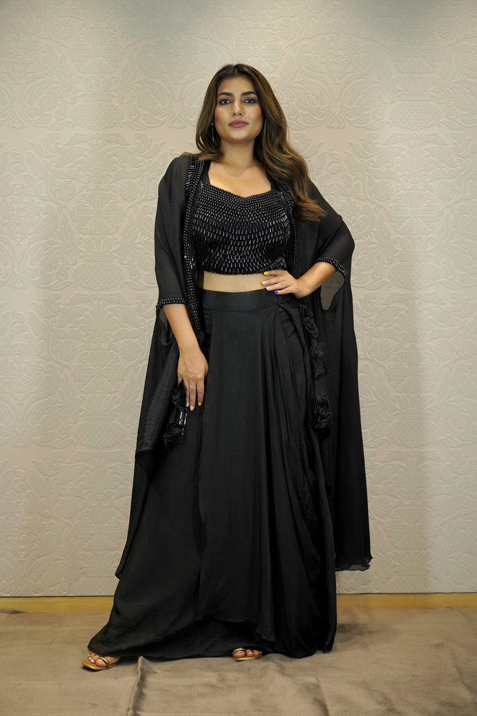 BLACK CHIFFON SILK COWL SKIRT SET