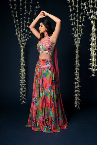 MULTI COLORED FLORAL PRINTED CREPE LEHENGA