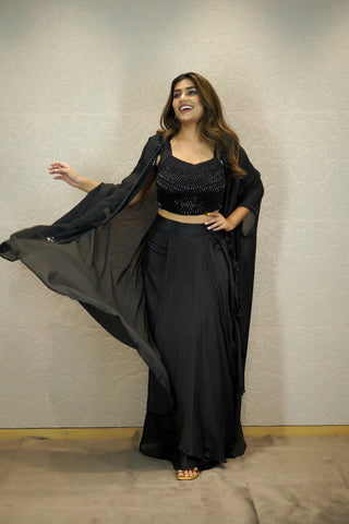 BLACK CHIFFON SILK COWL SKIRT SET