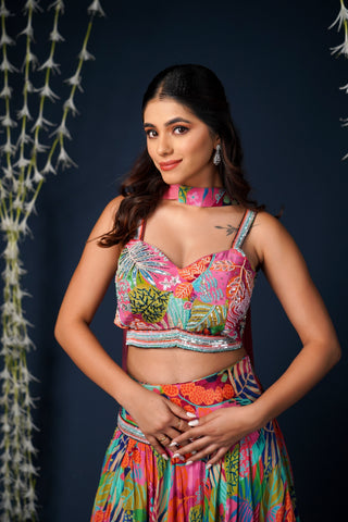 MULTI COLORED FLORAL PRINTED CREPE LEHENGA