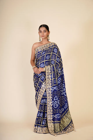 BERRY BLUE SILK BANDHANI GHARCHOLA GOTA PATTI SAREE