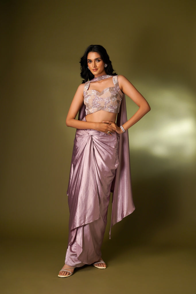 LILAC SATIN DRAPED SKIRT SET