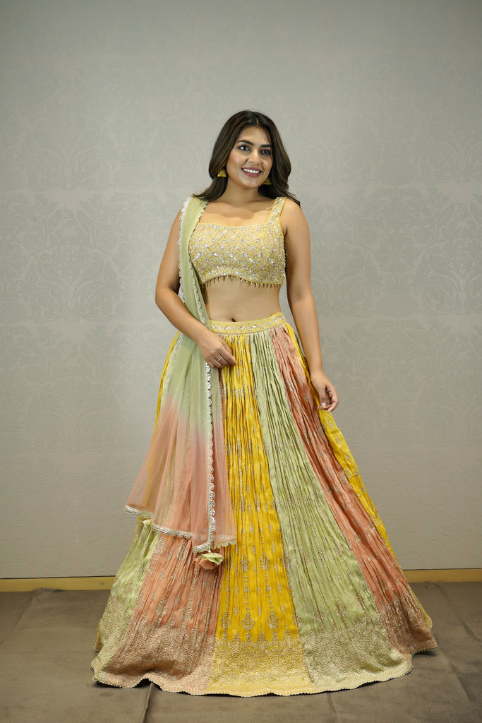 MULTI COLOUR TISSUE PANELED LEHENGA