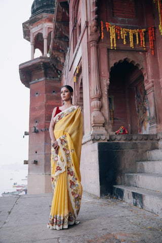 SUNSHINE YELLOW ORGANZA SILK SAREE