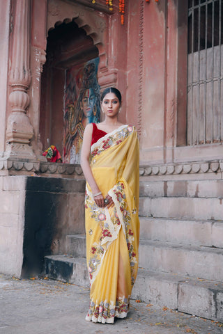 SUNSHINE YELLOW ORGANZA SILK SAREE