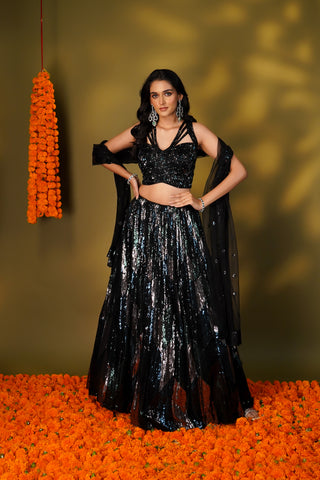 BLACK SEQUINED GEORGETTE LEHENGA