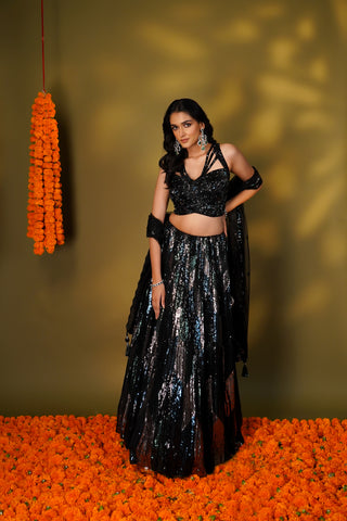 BLACK SEQUINED GEORGETTE LEHENGA