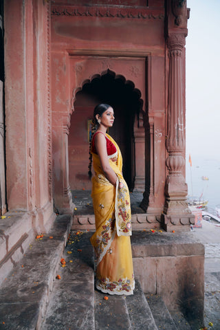 SUNSHINE YELLOW ORGANZA SILK SAREE