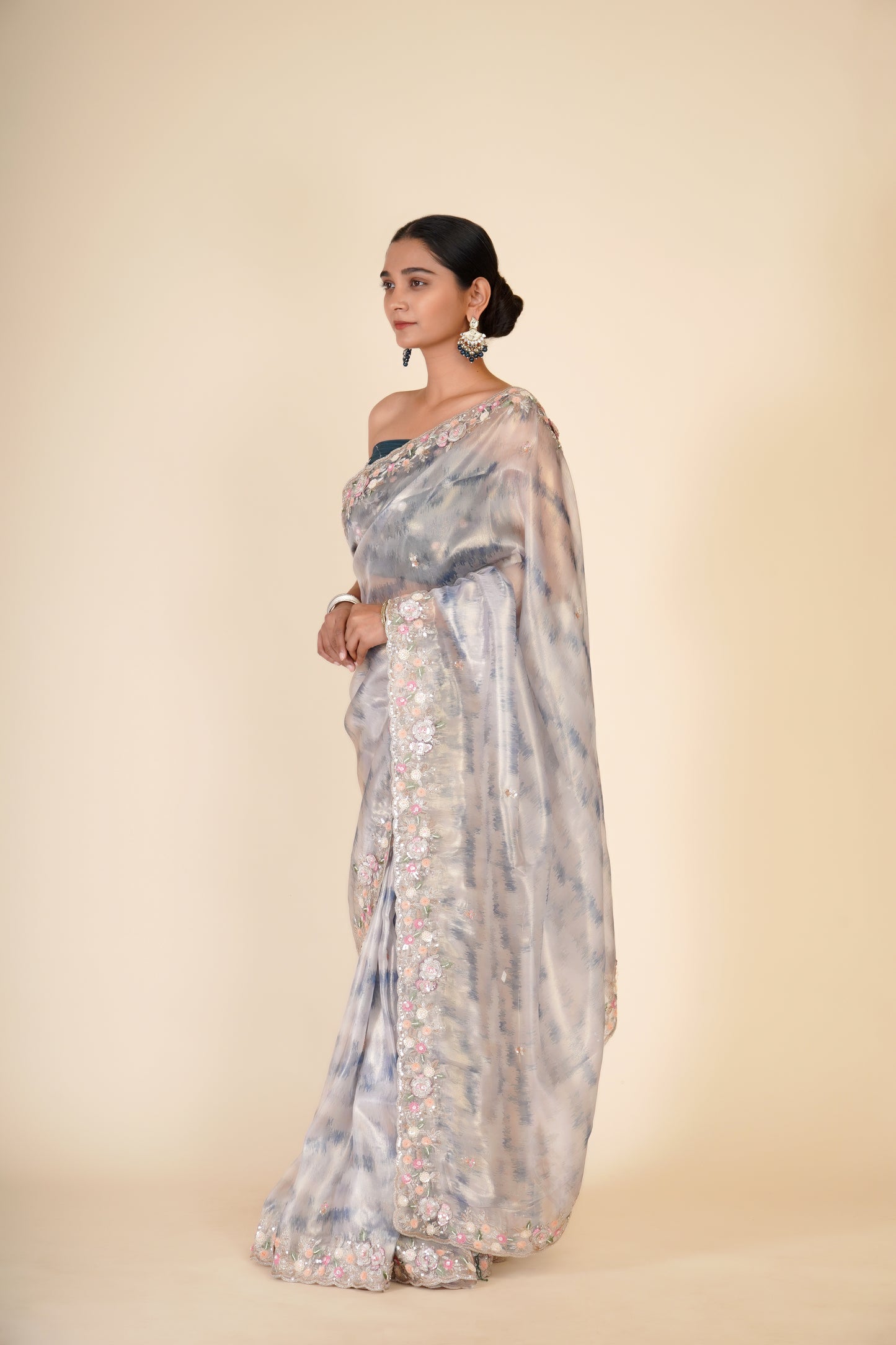 GREY & BLUE SOFT NET SAREE