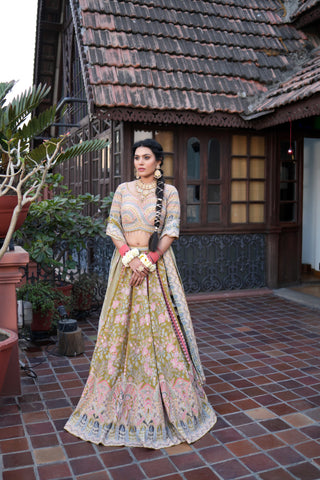 OLIVE GREEN CREPE SILK LEHENGA