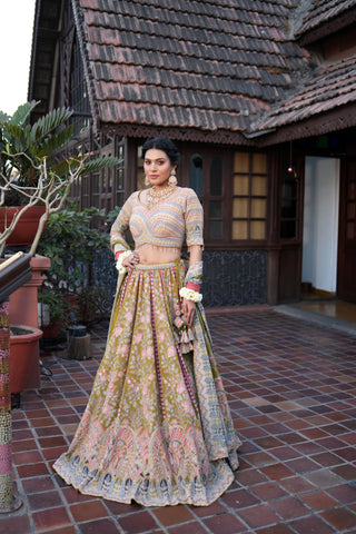 OLIVE GREEN CREPE SILK LEHENGA