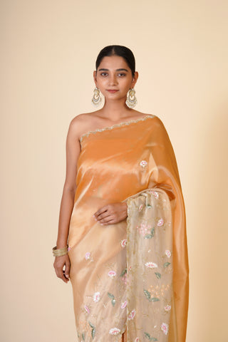 ORANGE AND BEIGE ORGANZA CREPE SAREE alternate