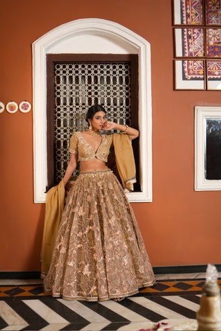 GOLDEN EMBROIDERED NET LEHENGA