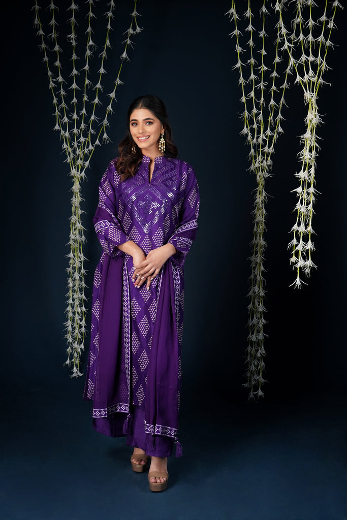 VIOLET BANDHEJ SILK SUIT SET