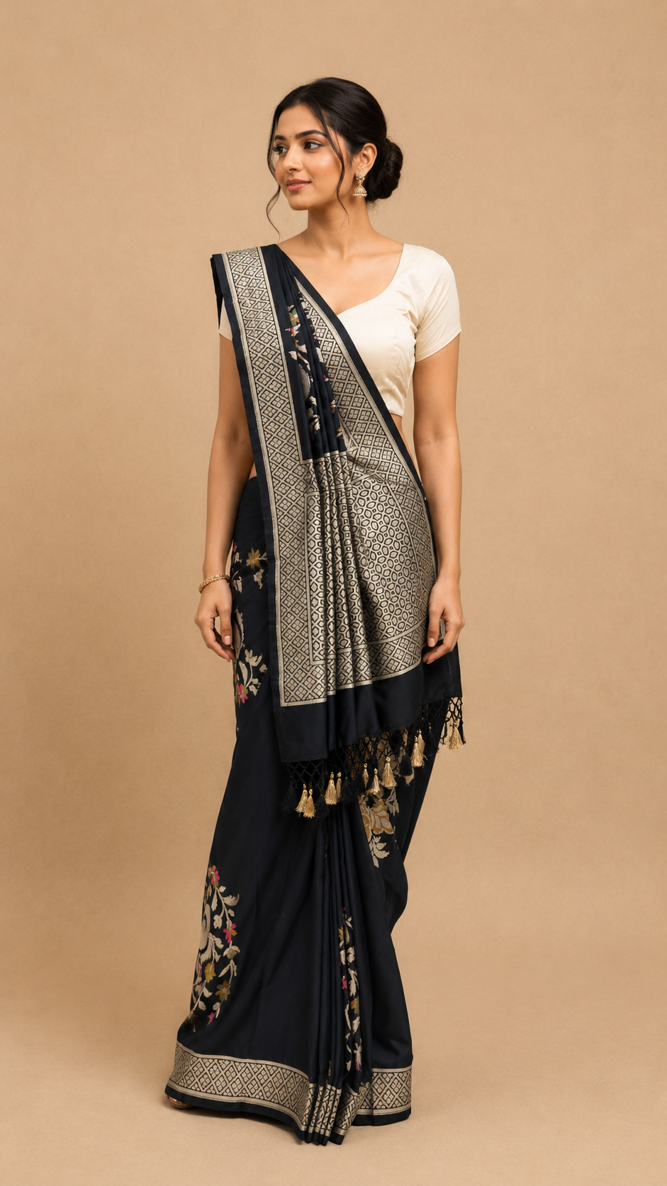 Black Floral Woven Saree