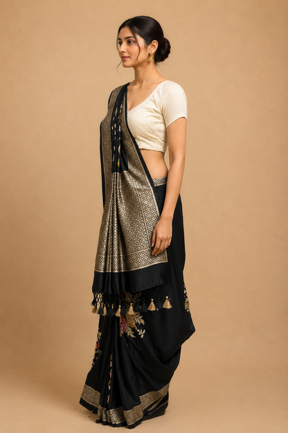 Black Floral Woven Saree